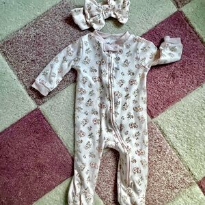 Charming Pink Floral Baby Footie with Bow
